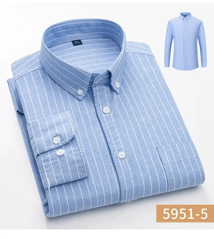 men’s cotton oxford slim fit plaid shirt in light blue with fine white vertical stripes and matching buttons.