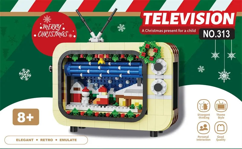 Televisión retro de color crema que presenta una escena navideña festiva con tuberías azules y casas en miniatura en el juguete de bloques de construcción de vacaciones de Christmas TV.