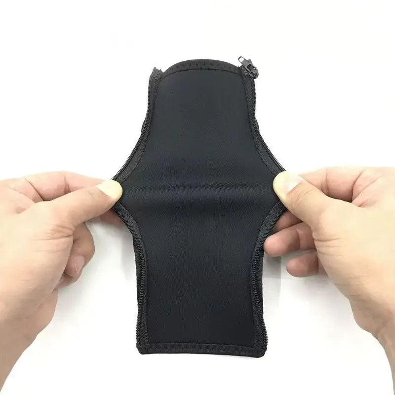 Black neoprene headphone headband cover with zipper cushion and closure shown from the back side.