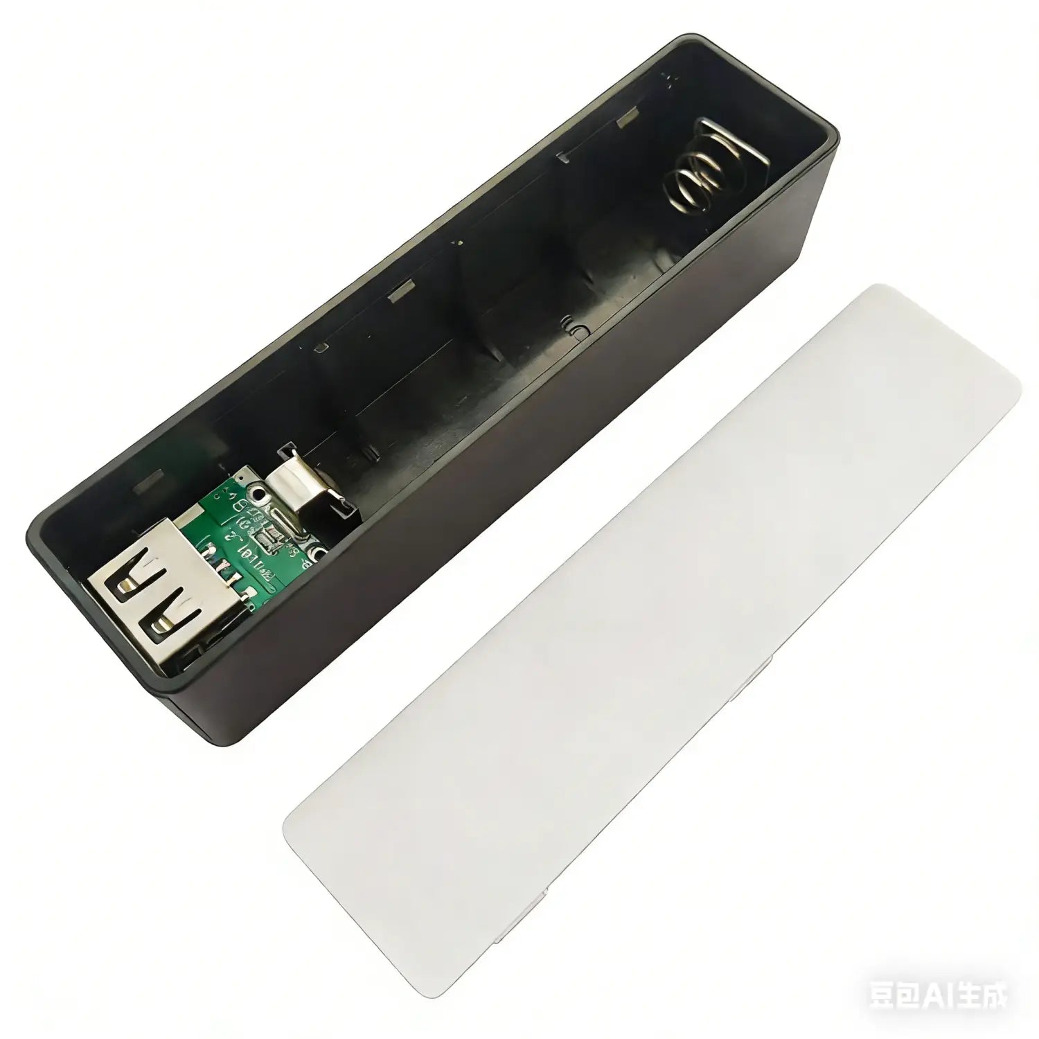 batterie externe portable de type DIY en plastique noir avec couvercle blanc et port USB interne pour le stockage et la charge de piles 18650.