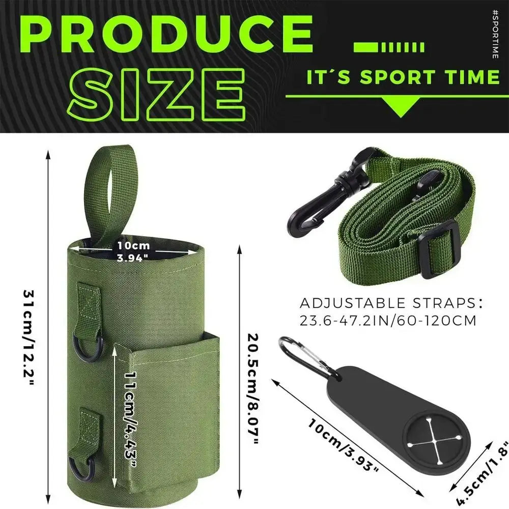 Sangle porte-bouteille d’eau de sport magnétique cylindrique olive avec anneaux en D métalliques noirs et poignée supérieure conçue pour les sports de plein air.