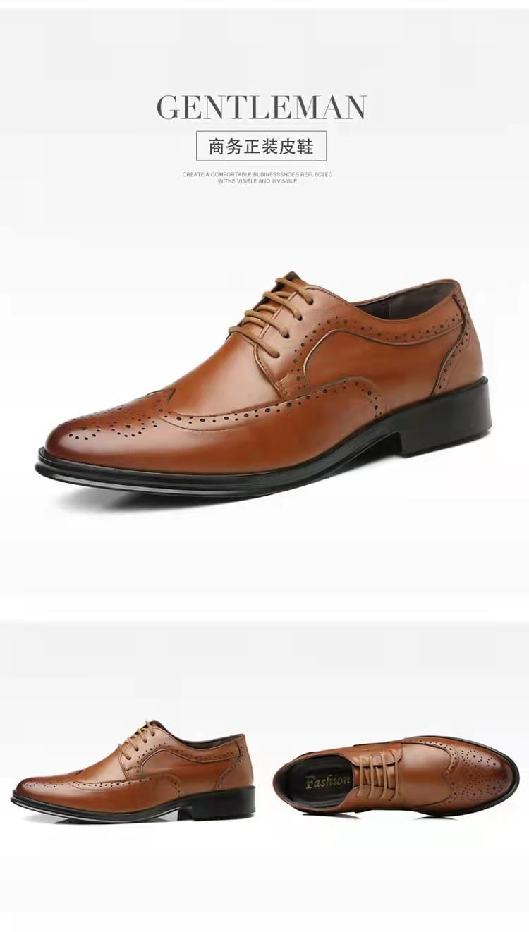 Men’s leather brogue dress shoe in brown with black rubber sole and lace-up design.