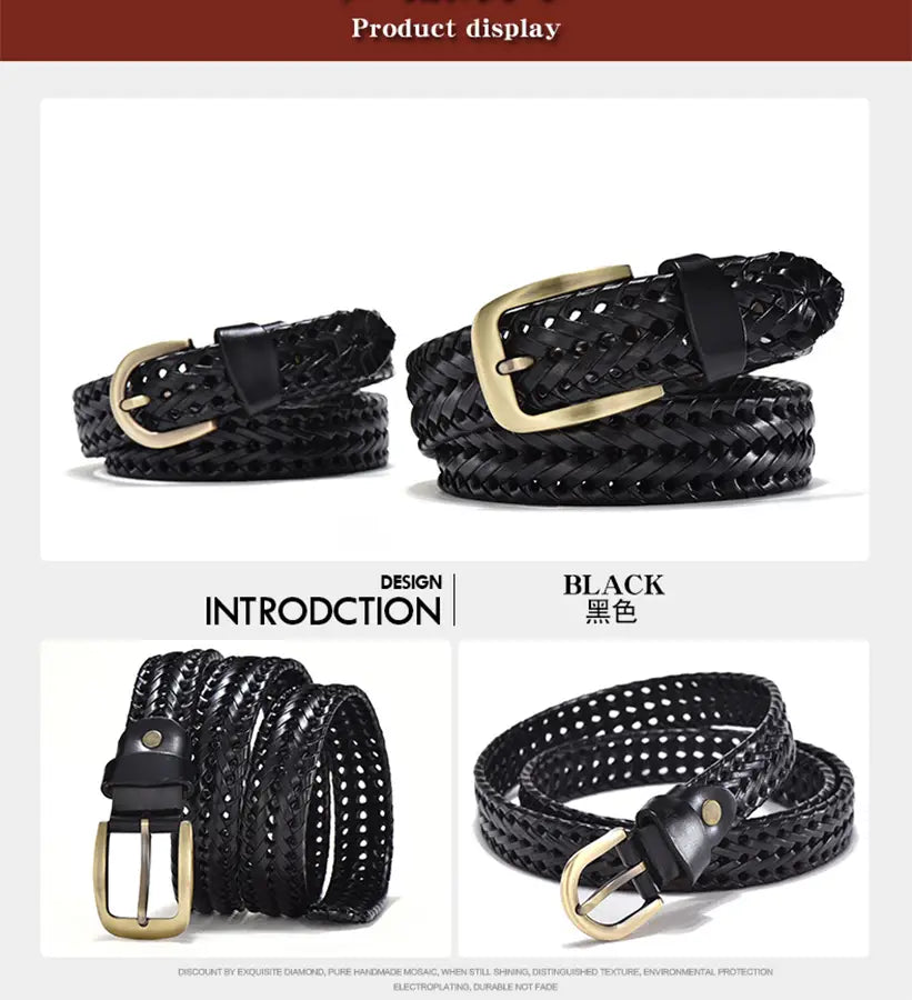 Ceinture en cuir tressé pour hommes de couleur noire, avec boucle à la finition ton or et sangle en cuir de vache perforée, pour un usage décontracté.