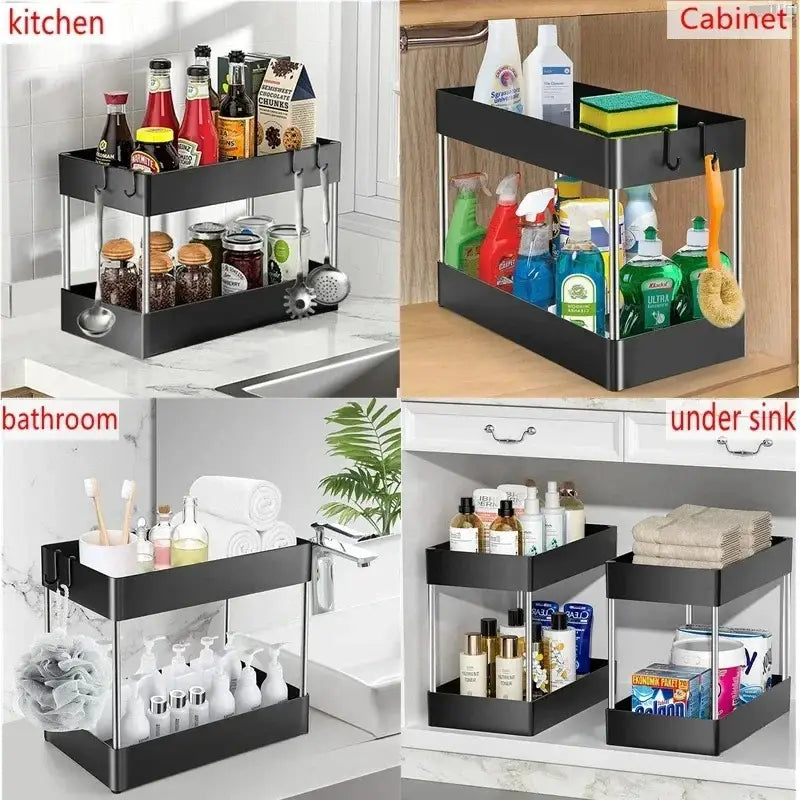 Organizador negro de almacenamiento bajo el fregadero, de dos niveles y giratorio, con paneles laterales transparentes, diseñado como una estantería multifuncional tipo cajón por niveles para uso en cocina y baño.
