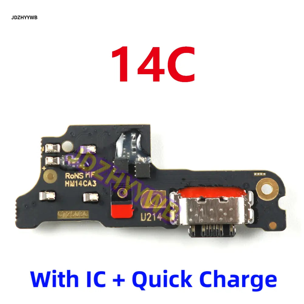 Black redmi 14c charging board flex cable with a silver usb-c port, red accent, and integrated ic for quick charge functionality