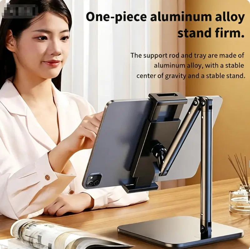 A sleek silver one-piece aluminum alloy adjustable desktop holder with a sturdy base and support rod providing stable support for inch smartphones.