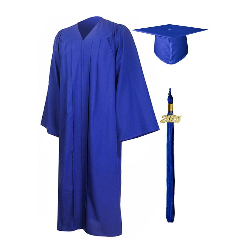 Vestimenta académica unisex para graduación, toga y birrete, en azul real, con borla a juego y emblema dorado de 2025.