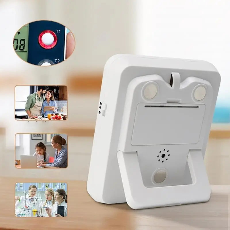 Weißer Kunststoff-Dreikanal-Küchen-Timer mit lauter Alarmfunktion; mit Ständer und einer runden digitalen Anzeige zur Anzeige von Temperaturwerten.