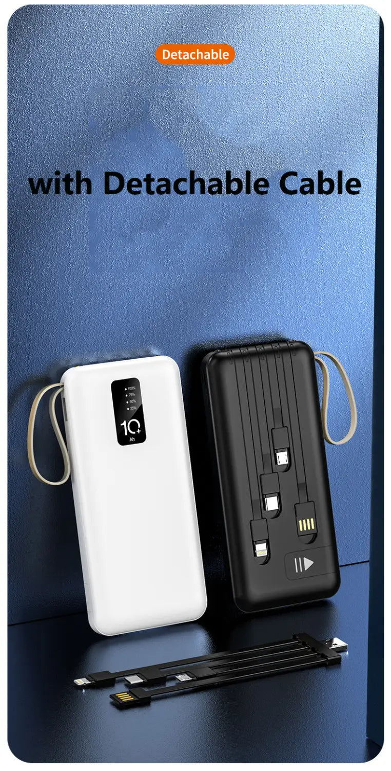 Powerbank mit integrierten abnehmbaren weißen und schwarzen Kabeln, digitaler Anzeige und mehreren Ladeanschlüssen, kompatibel, zum Laden von Geräten.