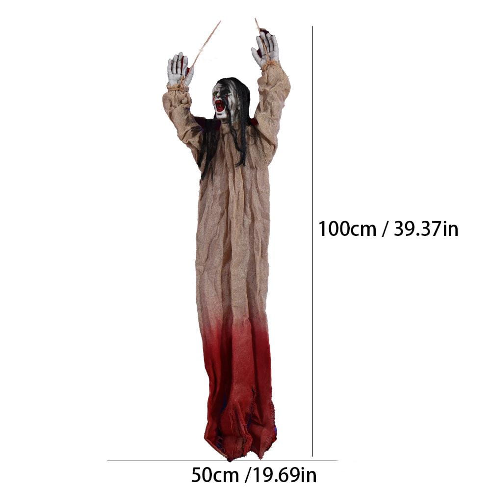 a 100cm tall halloween decorations hanging creepy scarecrow prop featuring a spooky screaming figure in a tattered beige and red robe with long black hair