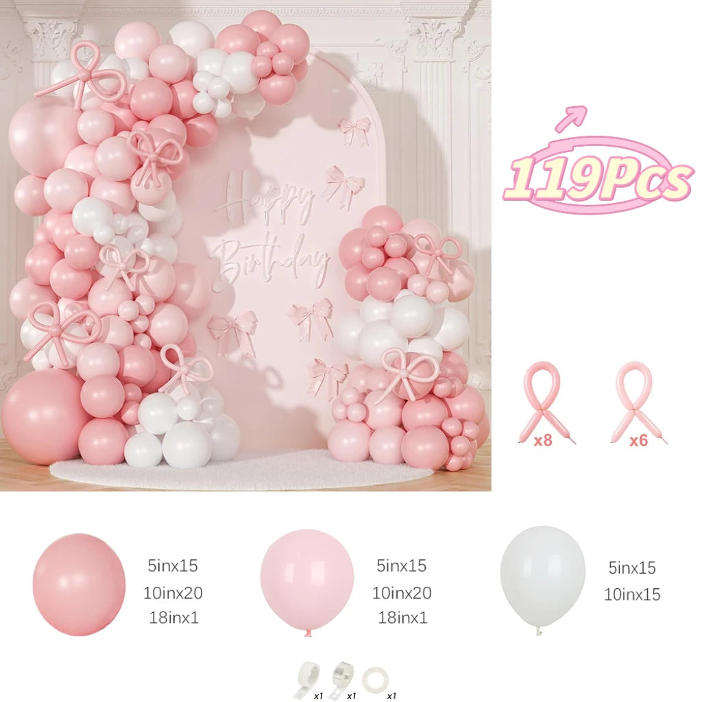 119Pcs Bow Pink and White Balloon Garland Arch Kit Wedding, Engagements, Birthday, Bridal Shower, Baby Shower Anniversary Decor