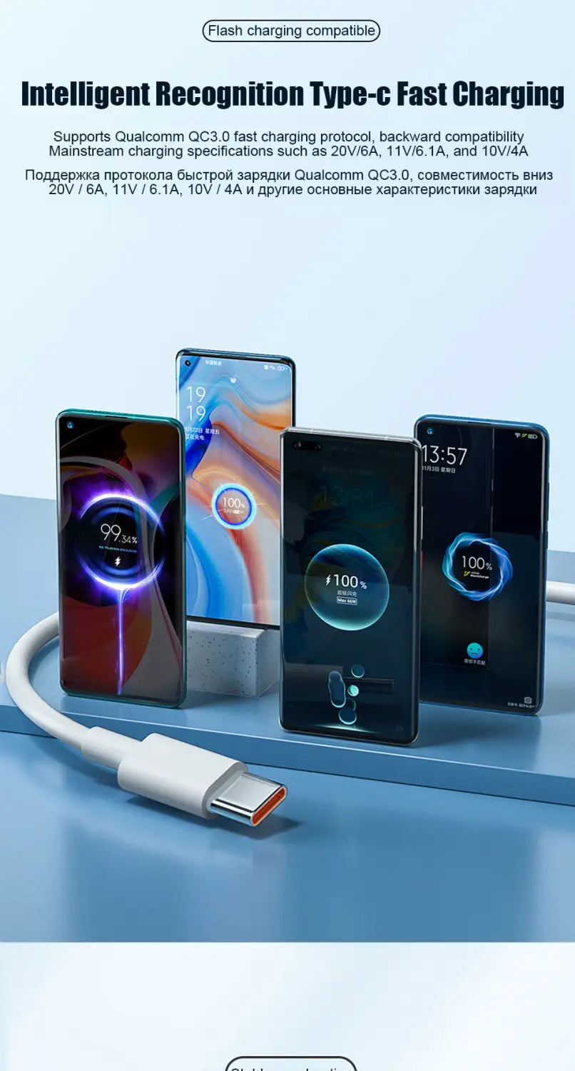 効率的な電力供給とデータ転送のための、洗練されたモダンなデザインのホワイトXiaomi 67W急速充電USB-C to USB-Cケーブル。