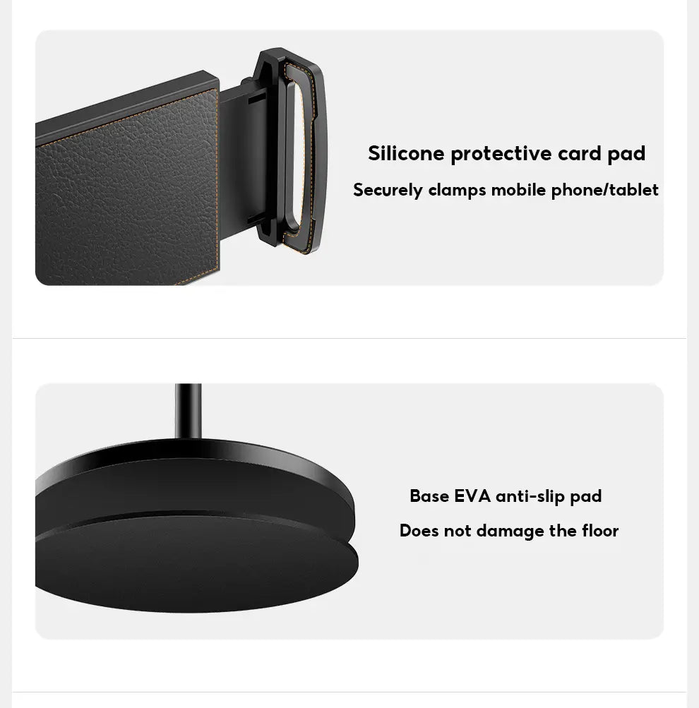 black silicone protective card pad with textured surface and stitched edges designed to securely clamp mobile phones or tablets in an aluminum alloy tablet and phone floor stand