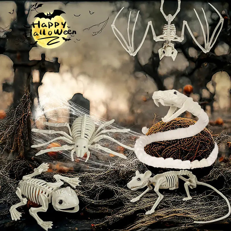 white plastic skeleton snake coiled around a nest of twigs from the halloween animal skeleton props set designed for spooky decorations