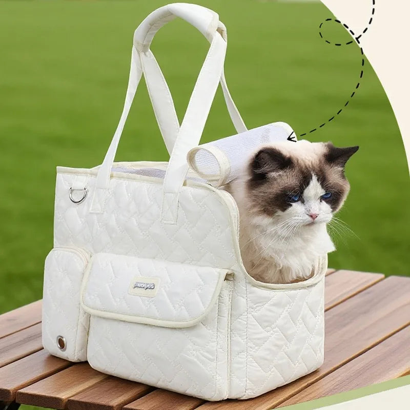 Portable Pet Carrier Bag for Outdoor WalkingBag Breathable Mesh Cat Travel Tote Bag Quilted Pet Handbag for Small Medium Cats