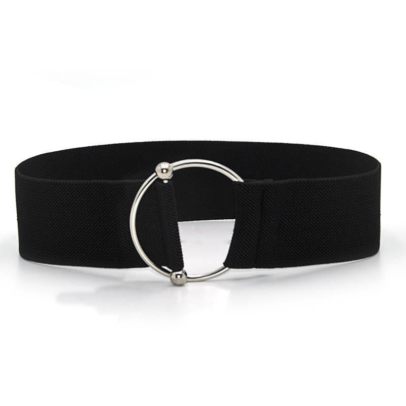 Schwarzer Elastikgürtel für Damen mit elegantem rundem silberfarbenem Schnallenverschluss, geeignet für Taillenbünde bei Modekleidern.