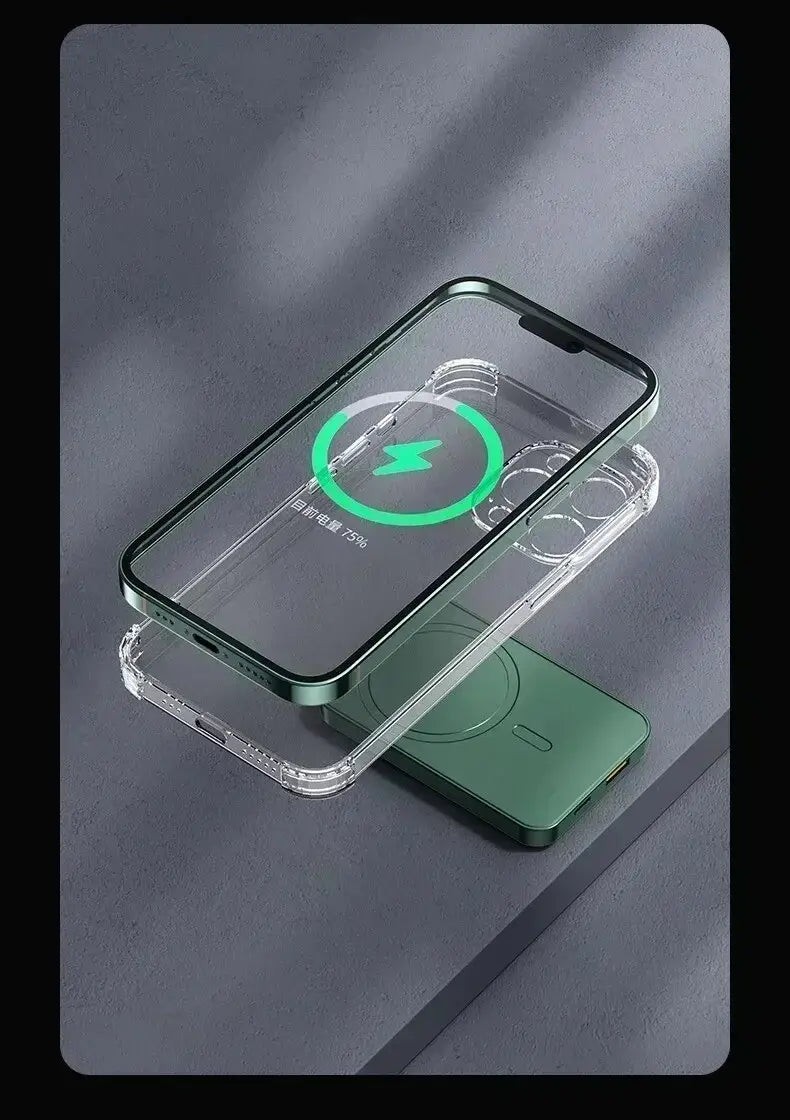透明なスマホケース。洗練された緑のメタリックフレームでiPhoneモデルに適合するよう設計。20000mAhの磁気モバイルバッテリー対応ワイヤレス急速充電器とともに展示され、高度な安全機能を備えています。