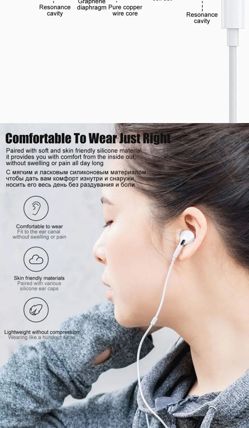 White type c wired earphones for iPhone pro max featuring a graphene diaphragm and pure copper wire core with soft silicone ear tips for comfort in the pro max earphone model.