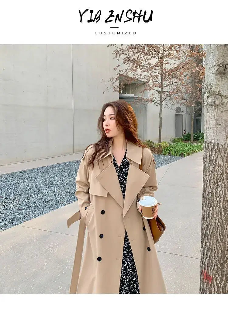beige women double-breasted trench coat with black buttons and belted waist casual windbreaker