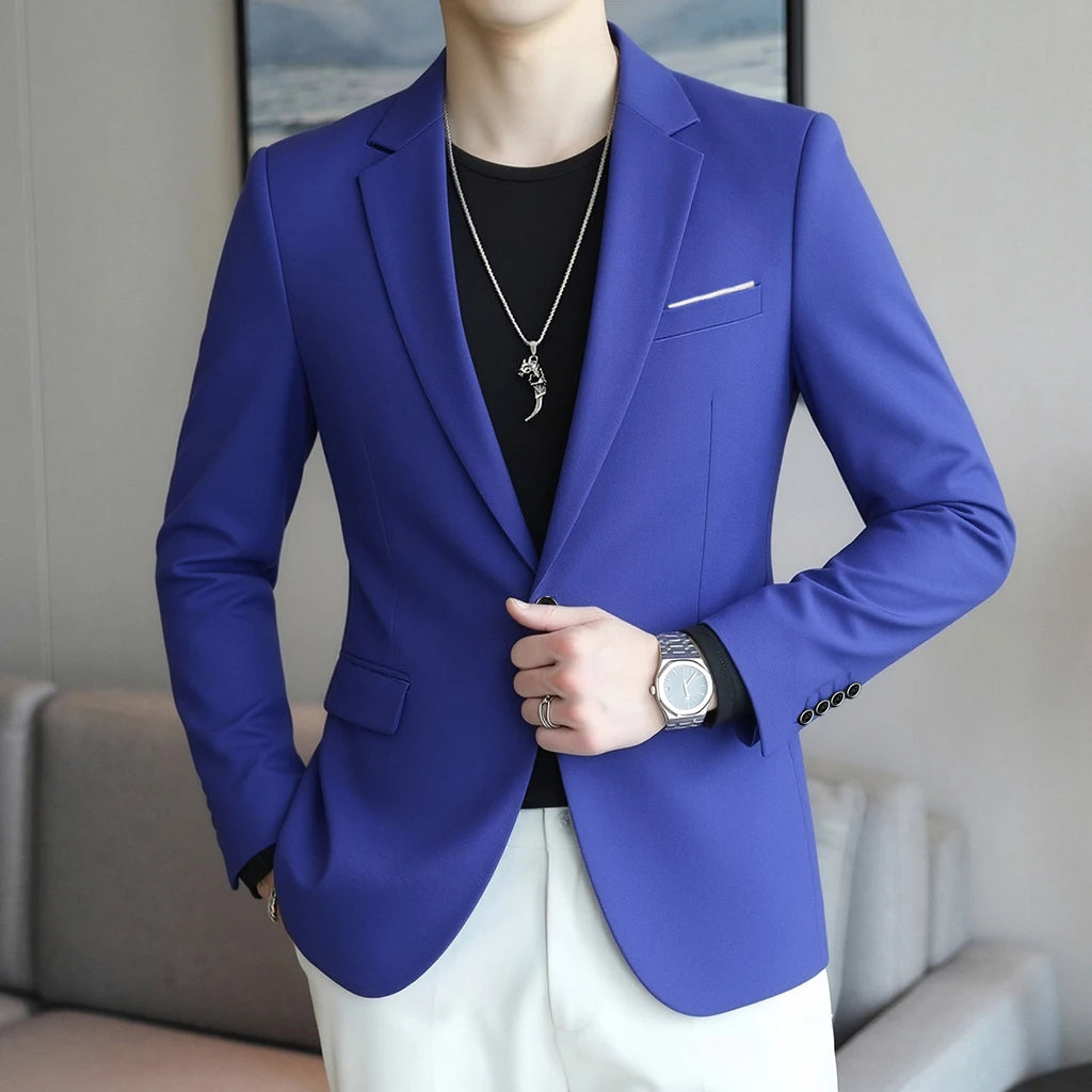 Herren Slim-Fit-Casual-Blazeranzug-Sakko in kräftigem Königsblau mit taillierter Passform, eleganten Revers und einreihiger Ausführung.