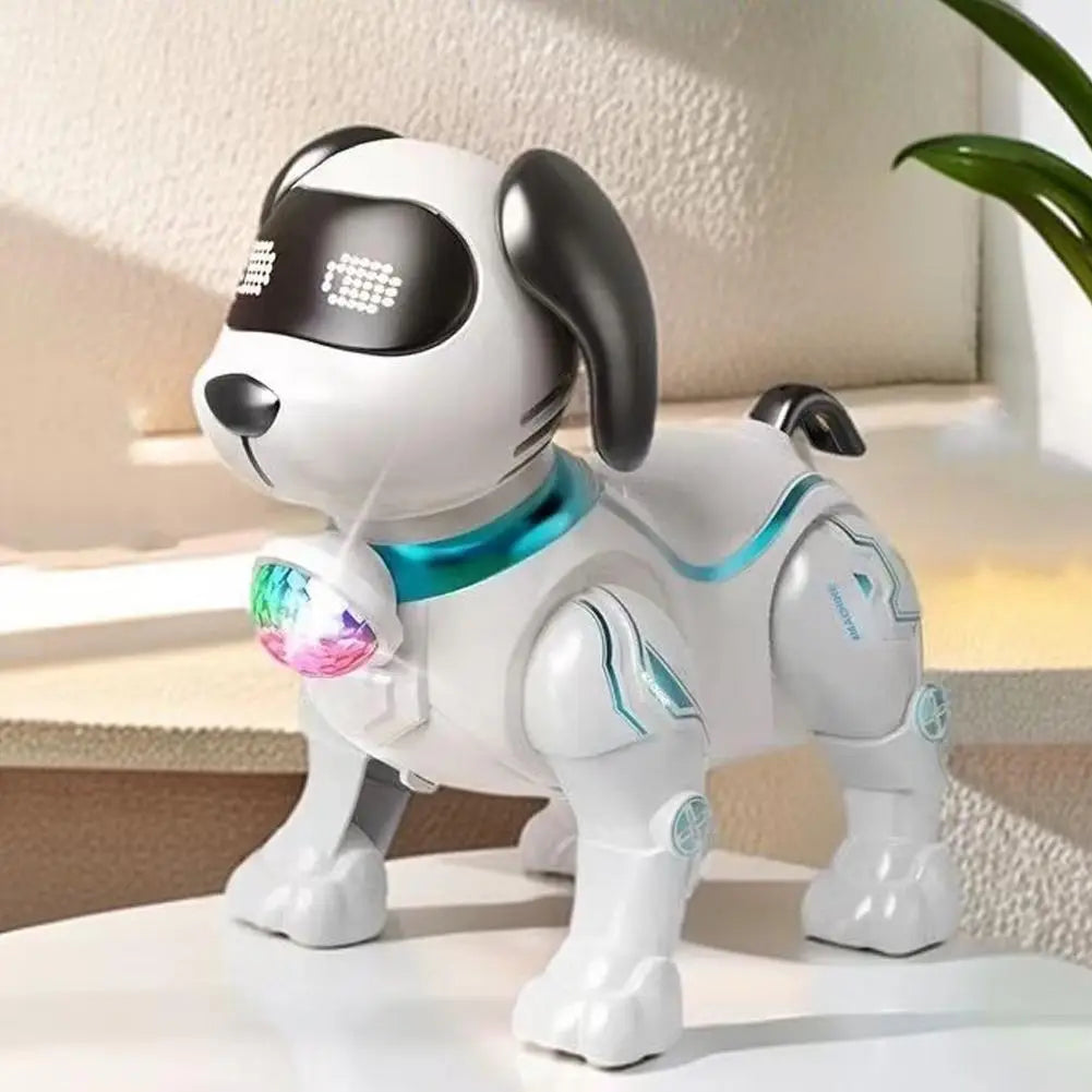 白色と黒色のインテリジェントな音楽ロボット犬のおもちゃで、発光する青色LEDの目と、胸元のカラフルに回転するボールを備え、インタラクティブな歩行遊び用です。