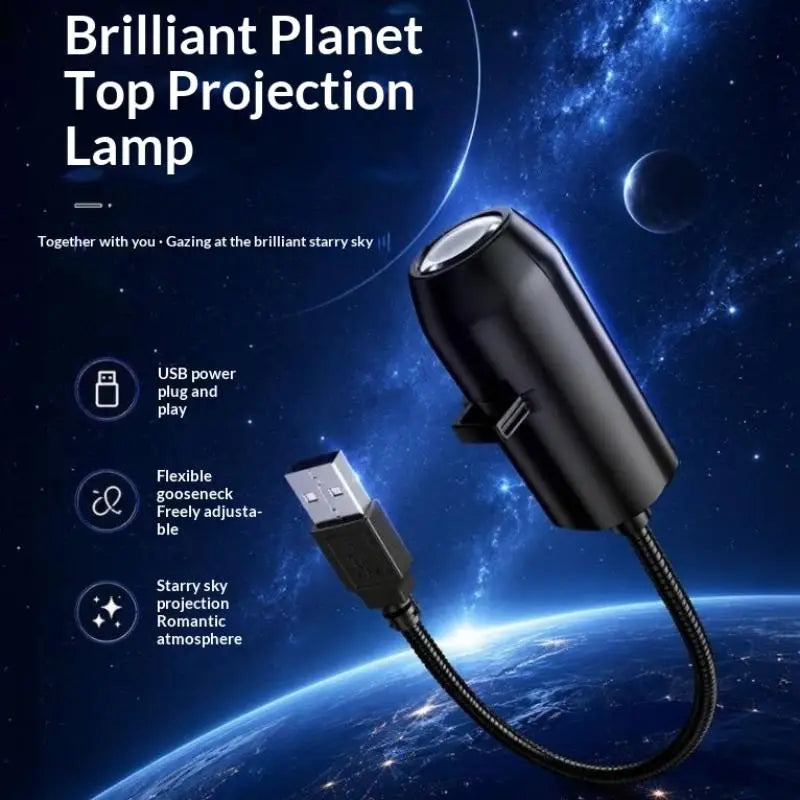 black usb-powered star galaxy projection lamp with flexible metal gooseneck designed as a night light for starry sky ambiance