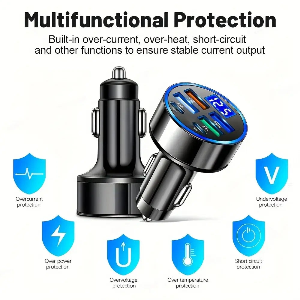 Car Charger 6 Ports Quick Charger QC3.0 Fast Charging Multi-function Adapters PD With Display Ambient Auto Sockets Accessories