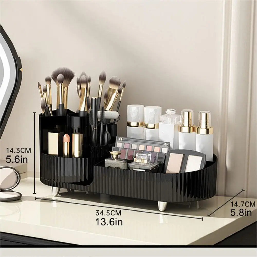 Boîte de rangement pour bureau en plastique côtelé noir avec compartiments rotatifs à 360 degrés, utilisée comme organisateur de rangement pour les pinceaux à maquillage, les flacons de produits de soin et les palettes de couleur beige.