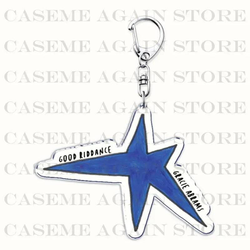 Blue acrylic star-shaped keychain with white outline and silver metal clip featuring text good riddance and gracie abrams designed as an anime fan gift.