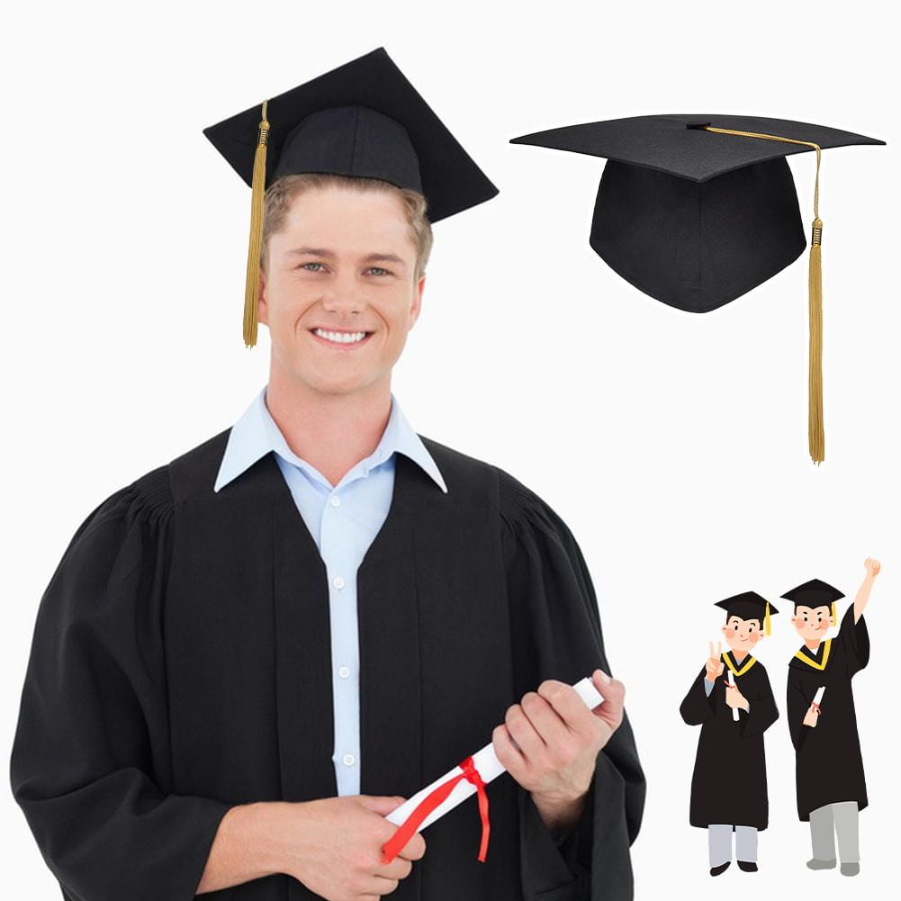 Graduation cap with gold tassel and adjustable band in black fabric for academic ceremonies.