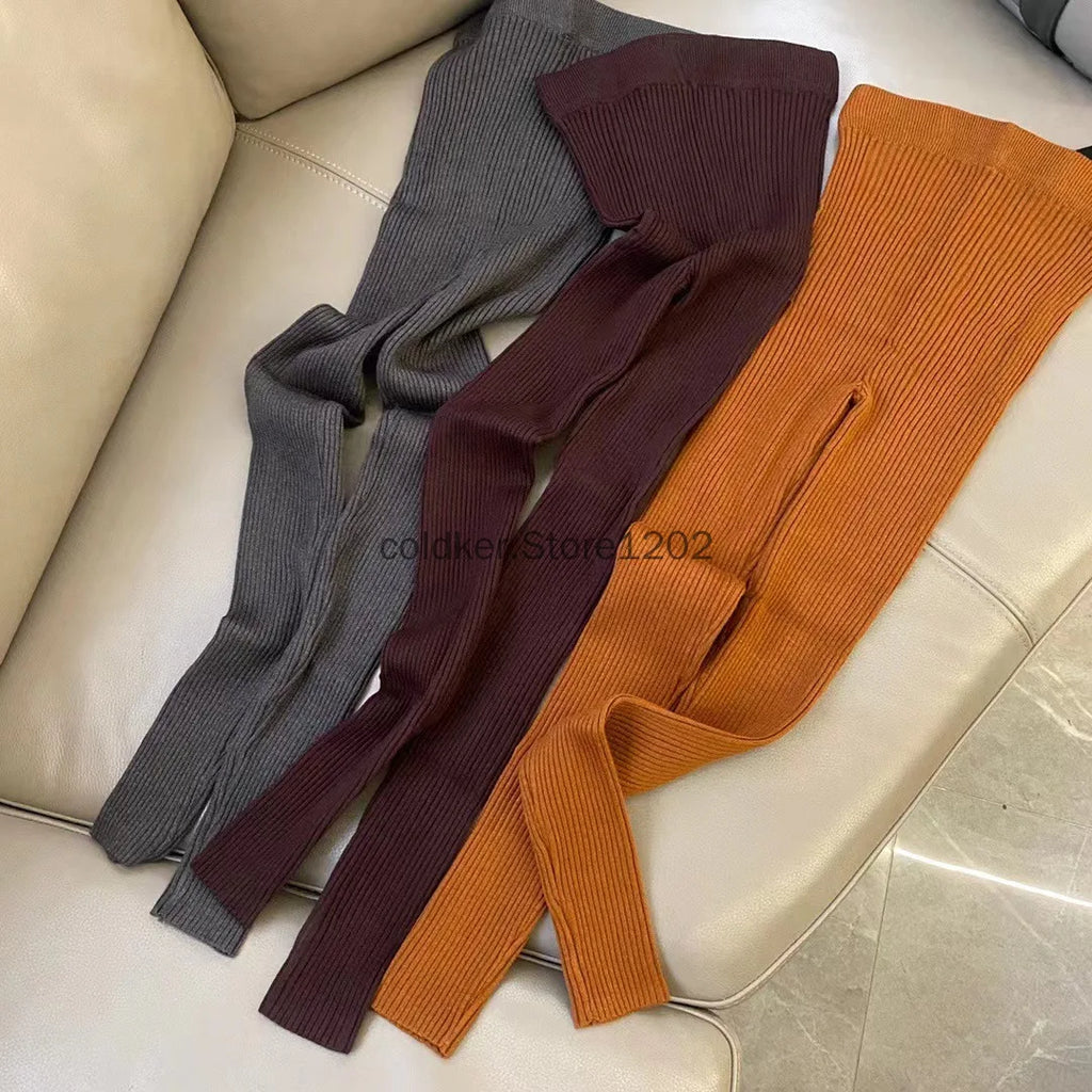 Knitted Leggings Slim Autumn Winter Women Ins High Waist Casual Korean Fashion Trousers Ribbed Elasticity Ankle-Length Pants