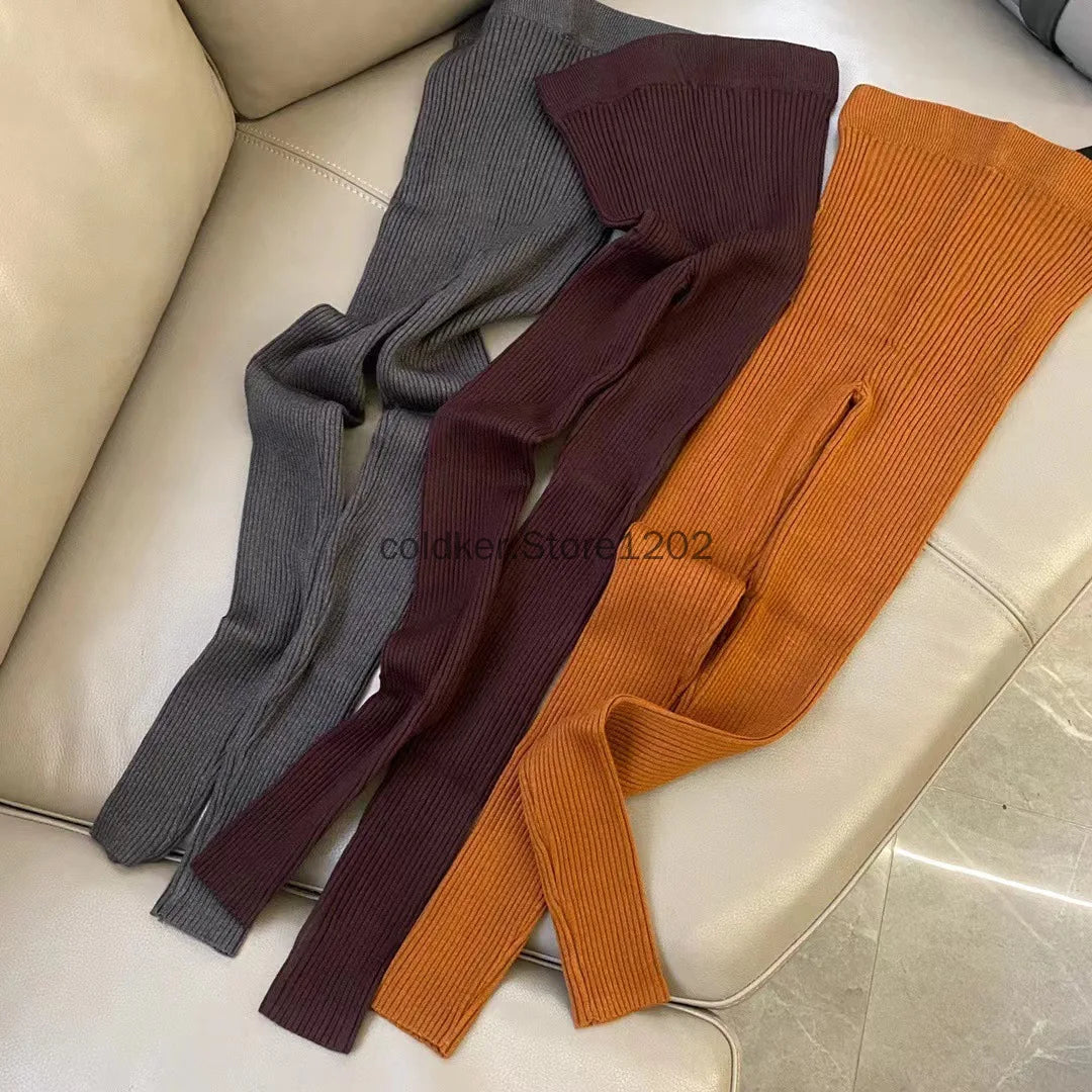 Knitted Leggings Slim Autumn Winter Women Ins High Waist Casual Korean Fashion Trousers Ribbed Elasticity Ankle-Length Pants