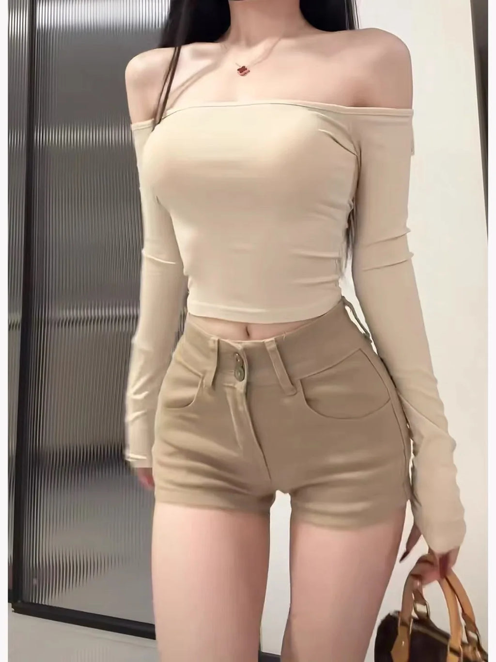 Sexy Sweet Spicy One-Shoulder Long Sleeve Top And High-Waisted Short Jeans Women's Fashion Set High Waist Tight Fit Bodycon D...
