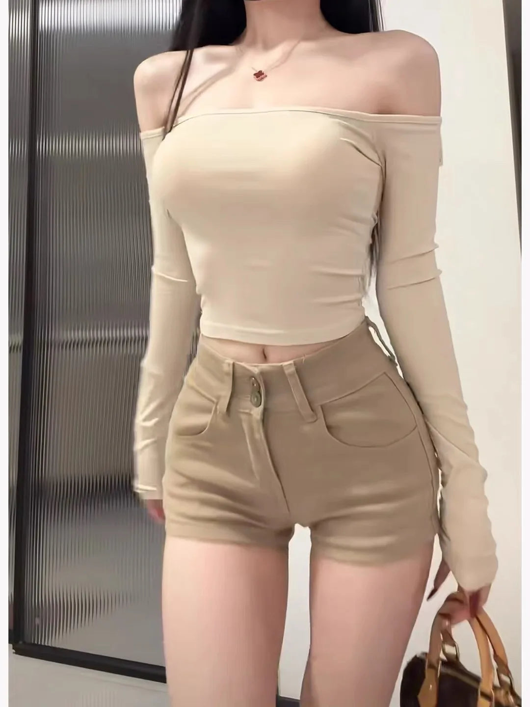 Sexy Sweet Spicy One-Shoulder Long Sleeve Top And High-Waisted Short Jeans Women's Fashion Set High Waist Tight Fit Bodycon D...