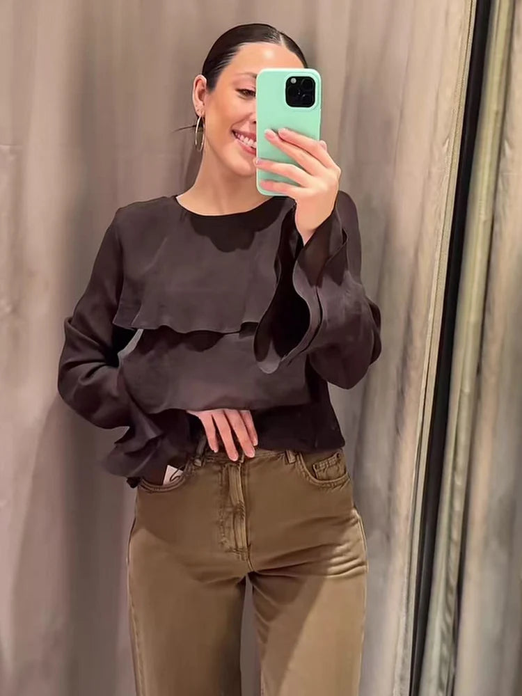 Women Casual Chic Blouse O-Neck Tierred Long Sleeve Loose Shirts Vintage Style Tops New Fashion Summer Elegant Lady Outfit