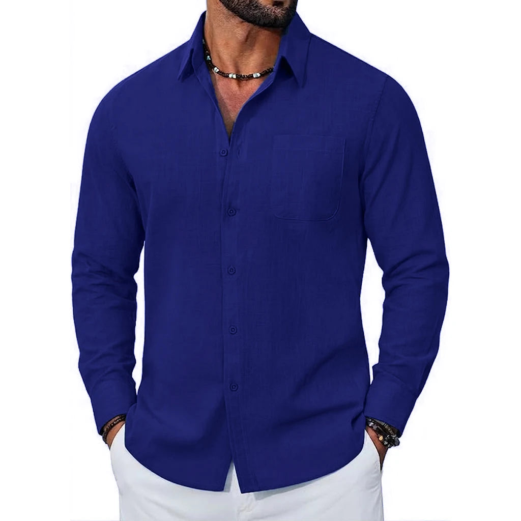 Mens New Premium Long Sleeve Linen Shirts Breathable Cotton Tops Elegant Lapel Button Hawaiian Tees Perfect Wear for Modern Men