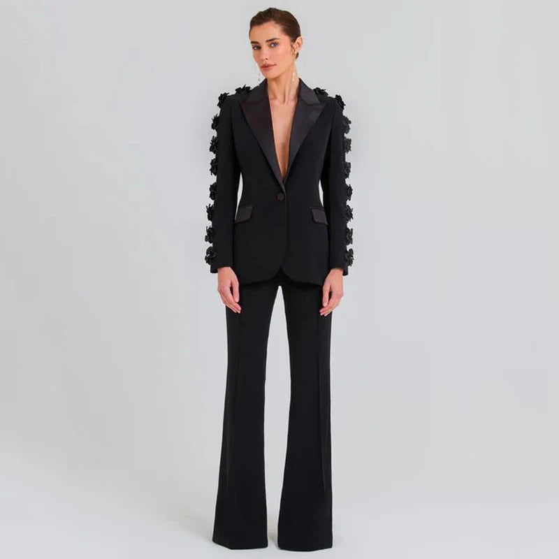 New Autumn Formal Suit Set Female Clothes ,Slim Fit Floral 3D Flower Collar , Womens Sets Two Piece Pants Suit