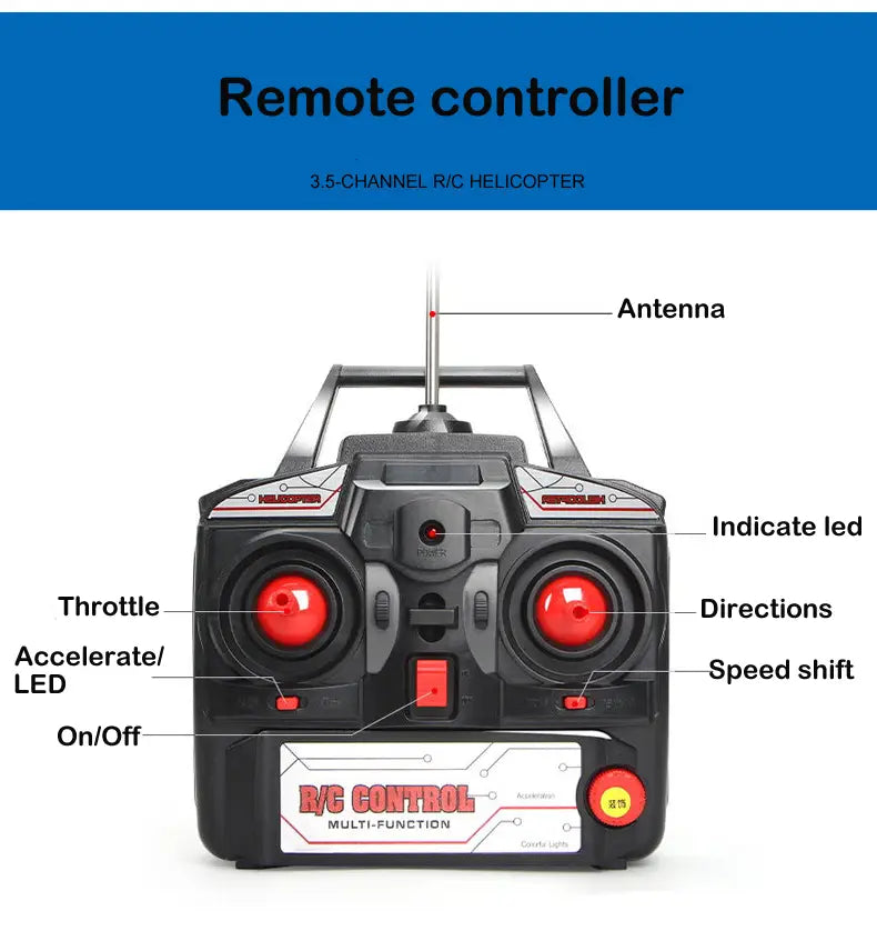 Controlador de helicóptero teledirigido negro y rojo de 3,5 canales con batería de litio y joysticks multifunción, diseñado para un tiempo de carga eficiente.
