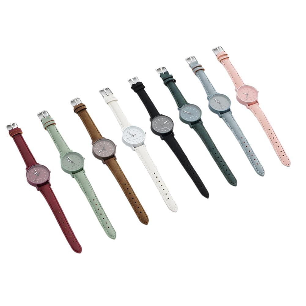 A collection of women quartz watches with simple round faces and pu leather waterproof straps in various pastel and earthy tones.