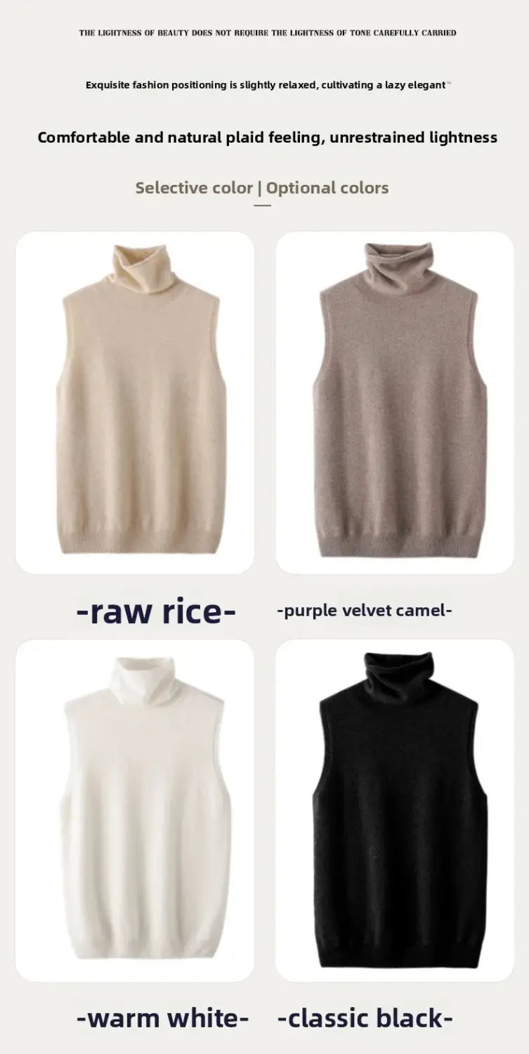 A soft high-necked merino wool turtleneck vest for women in warm white shown from the back side.