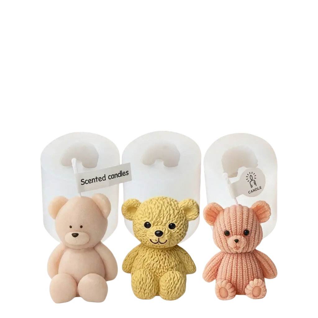 Three pastel bear candles in pink yellow and peach with textured knit patterns for candle making and mini teddy bear crafts