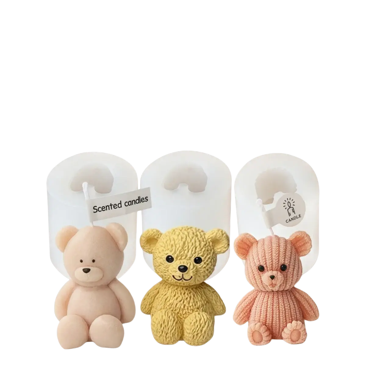 Three pastel bear candles in pink yellow and peach with textured knit patterns for candle making and mini teddy bear crafts