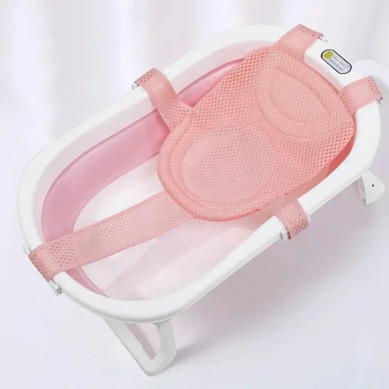 rosafarbenes Netz-Sicherheits-Badesitzkissen mit verstellbaren Trägern und gepolstertem Halt, ausgelegt für die Verwendung bei Babys und Kleinkindern in einer Baby-Badewannenmatte mit verstellbarer Neugeborenen-Unterstützung, Produkt