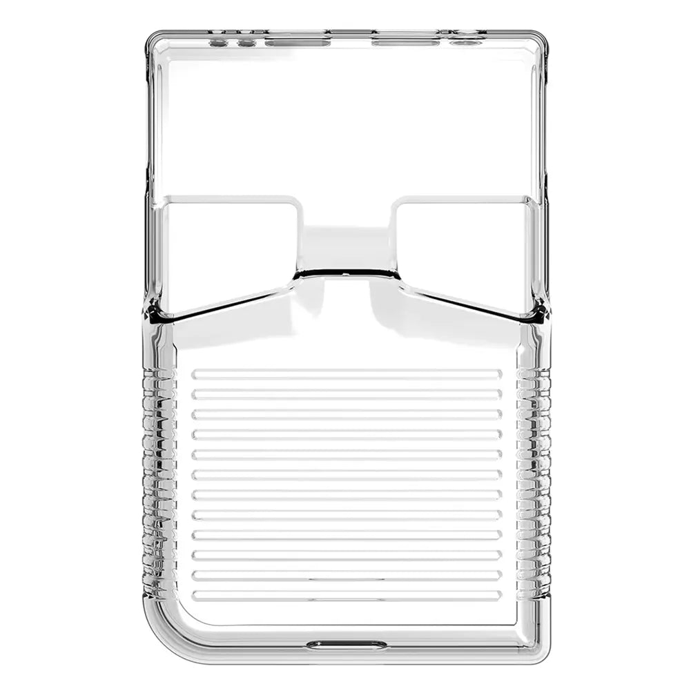 clear transparent tpu protective case for anbernic rg 35xxpro game console featuring a rigid design with precise cutouts for camera and buttons showing the back side.