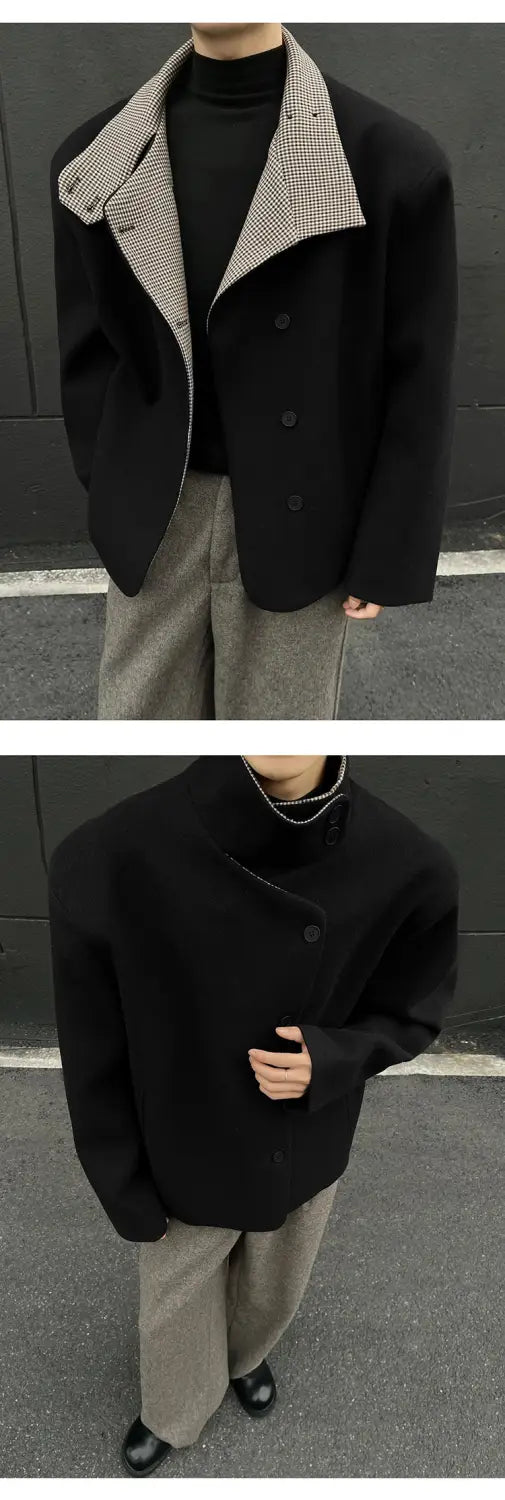Manteau d’hiver en laine noir avec col à motif pied-de-poule contrastant pour homme, design à col montant en coupe slim.