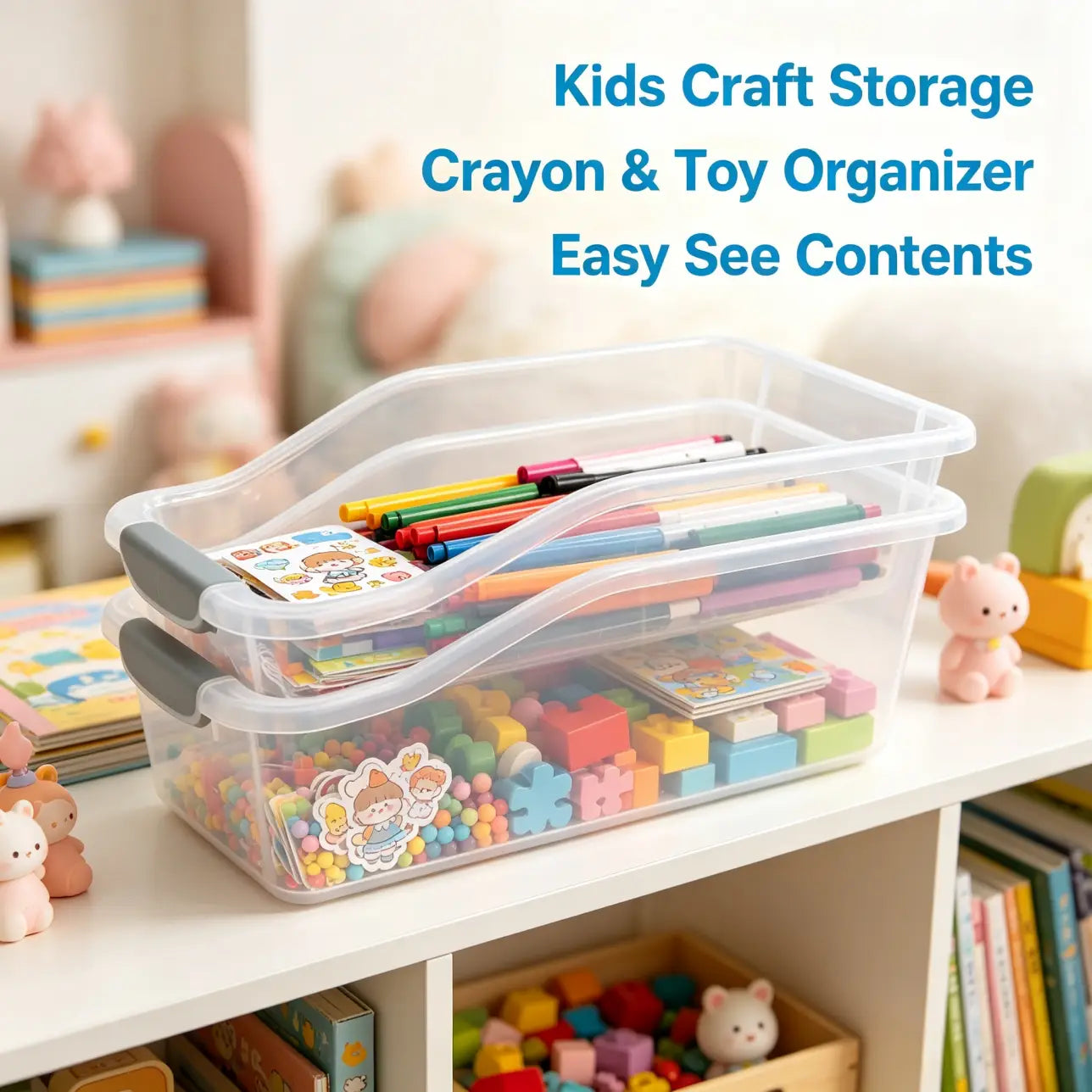 Clear plastic storage box with gray lid set featuring a clear plastic kids craft storage bin with gray handles and a slanted lid filled with crayons stickers and colorful building blocks.