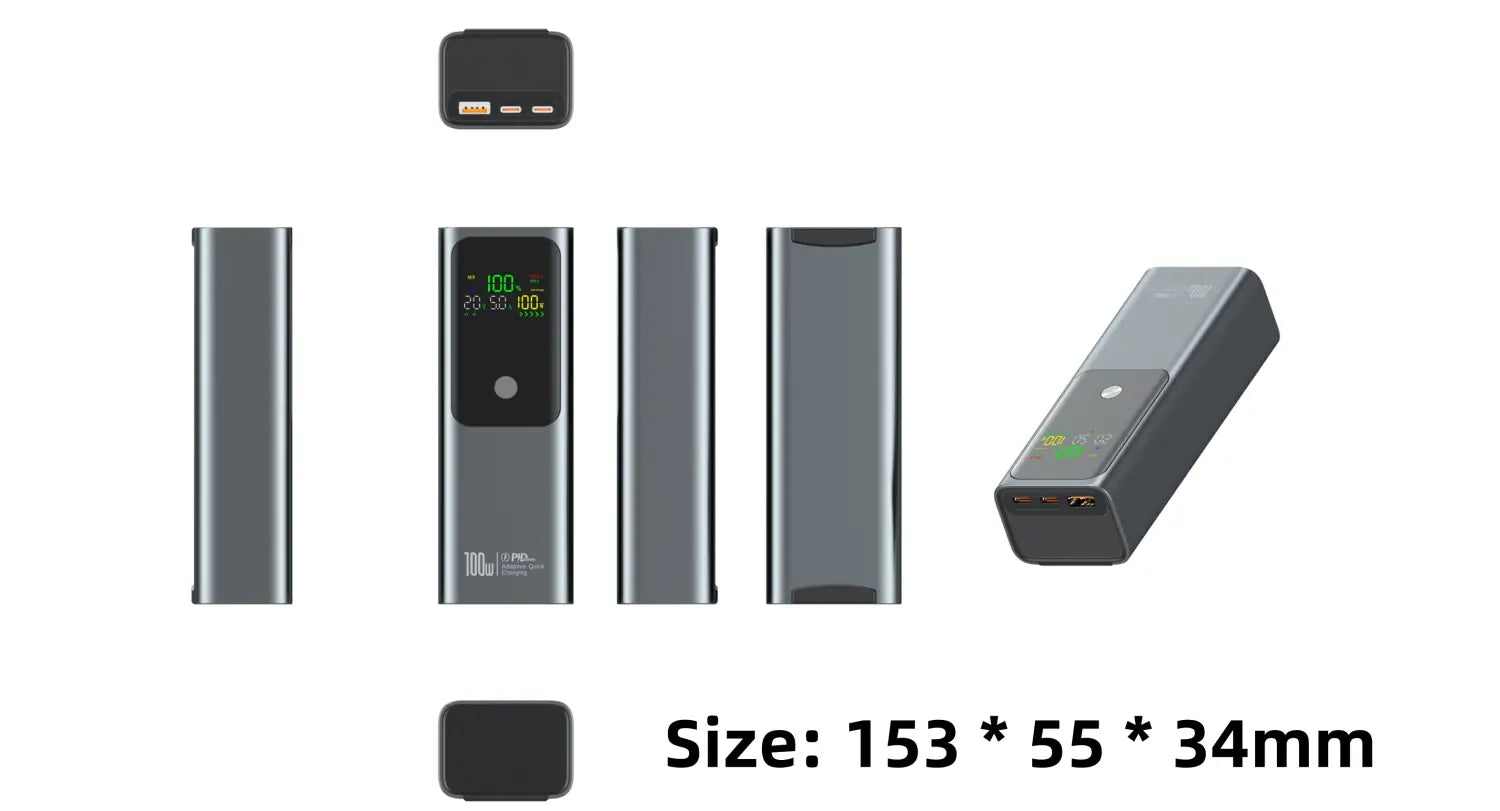 A sleek dark gray rectangular 100w 20000mah laptop power bank fast charger with a digital display showing battery level and time.
