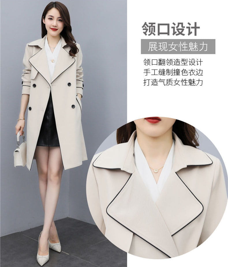 Beige women double breasted trench coat featuring black contrast stitching along the collar and seams.