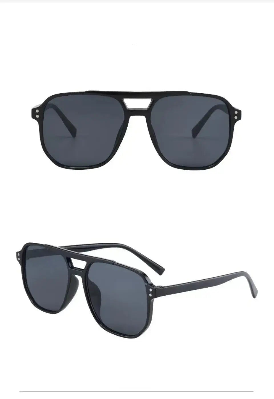 Black aviator sunglasses with dark gray lenses and a sleek modern design in a unisex black frame offering uv400 protection.