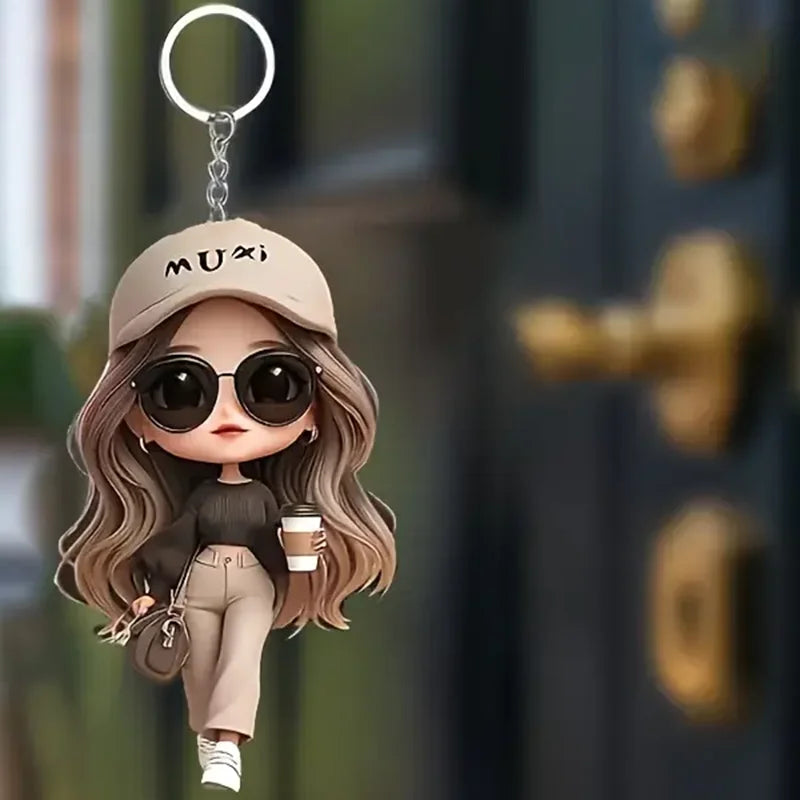 1 Cute Acrylic Girl Keychain, 2D Flat, Holiday Gift, Backpack Accessories, Key Decoration, Car Decoration, Keychain, Pendant